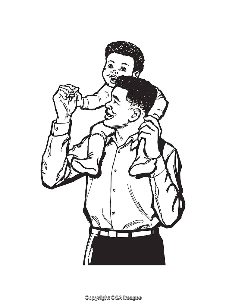Father Carrying Child on Shoulders, Black and White Line Art Illustration
