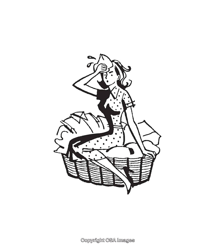 Retro Line Art Illustration of a Woman Sitting on a Laundry Basket