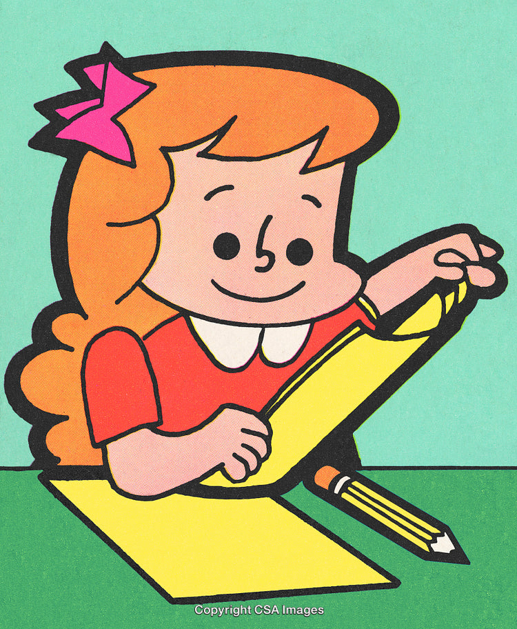 Illustrated Girl Writing With a Pencil on a Desk in Bright Colors