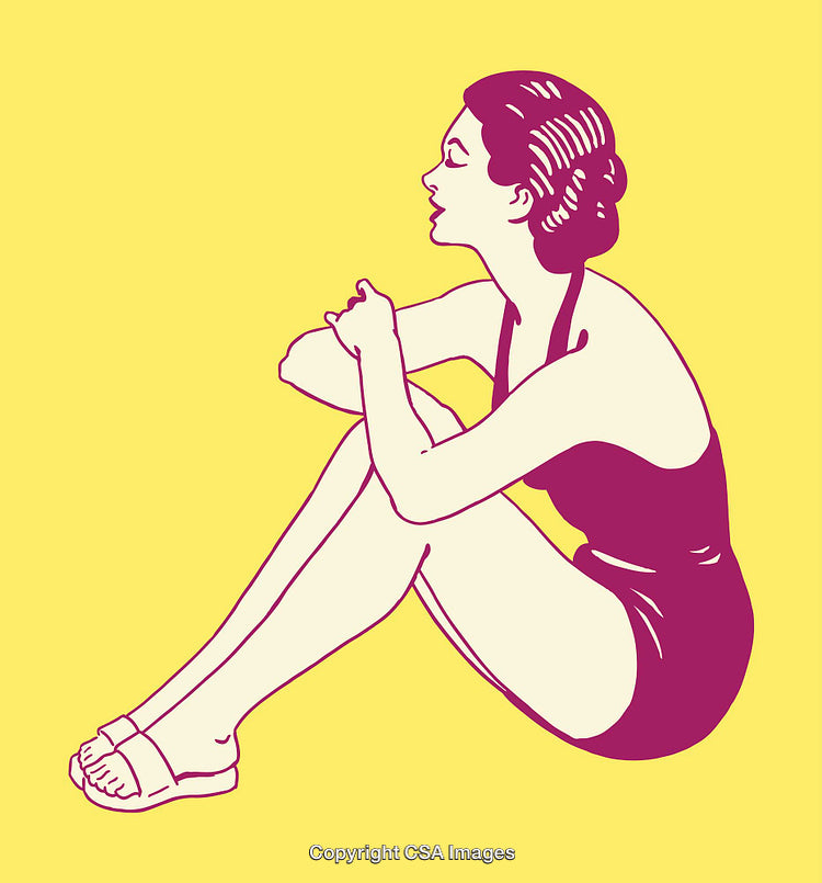 Vintage-Style Illustration of Woman in Swimwear Sitting Gracefully