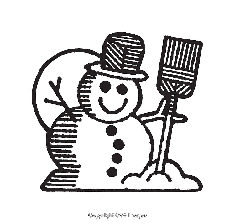 Black and White Line Art of a Cheerful Winter Snowman Illustration