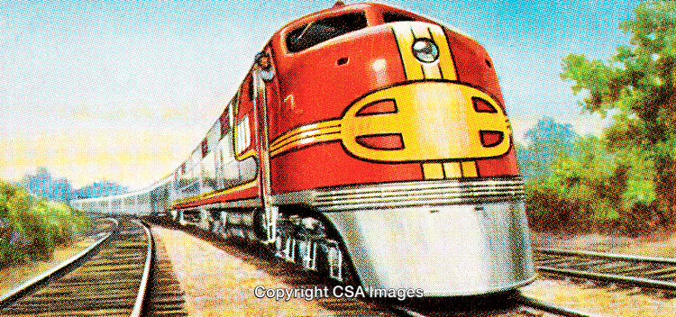 Vintage Illustration of a Colorful Locomotive on a Scenic Railway Track
