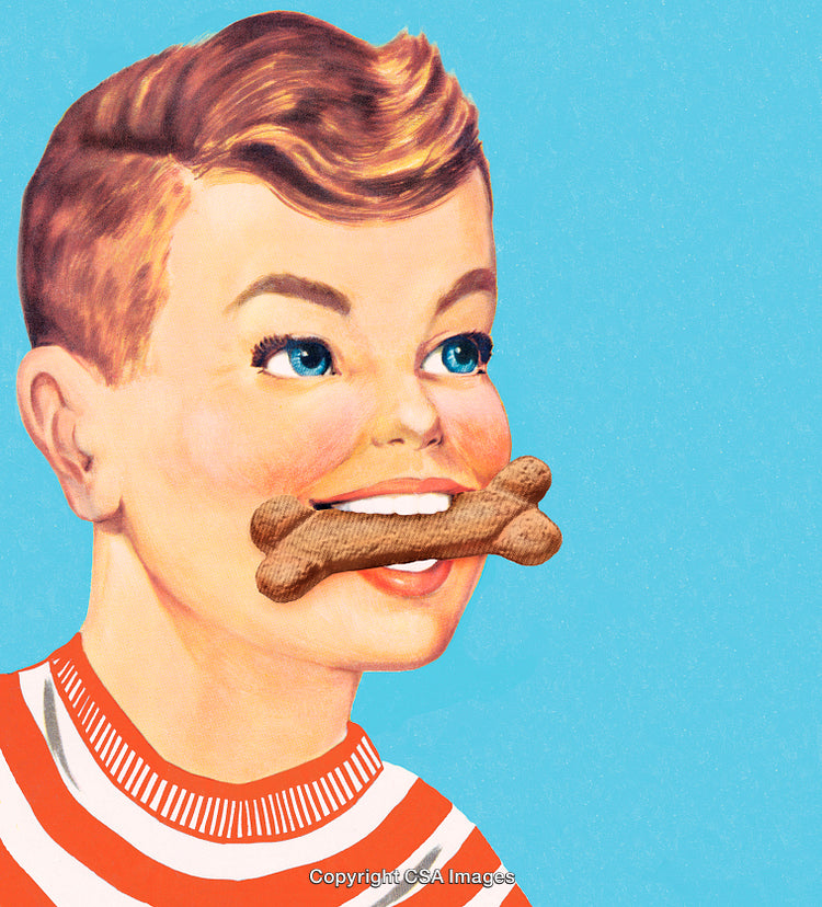 Retro Illustration of a Boy Holding a Bone-Shaped Biscuit in His Mouth