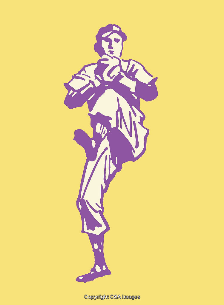 Stylized Purple Baseball Pitcher Illustration on Yellow Background
