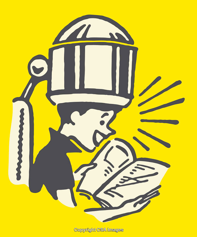 Retro Illustration of a Boy Reading Under a Dryer Machine in Yellow