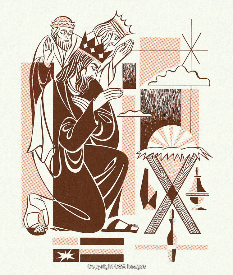 Abstract Religious Scene Featuring Three Wise Men and Nativity Symbolism