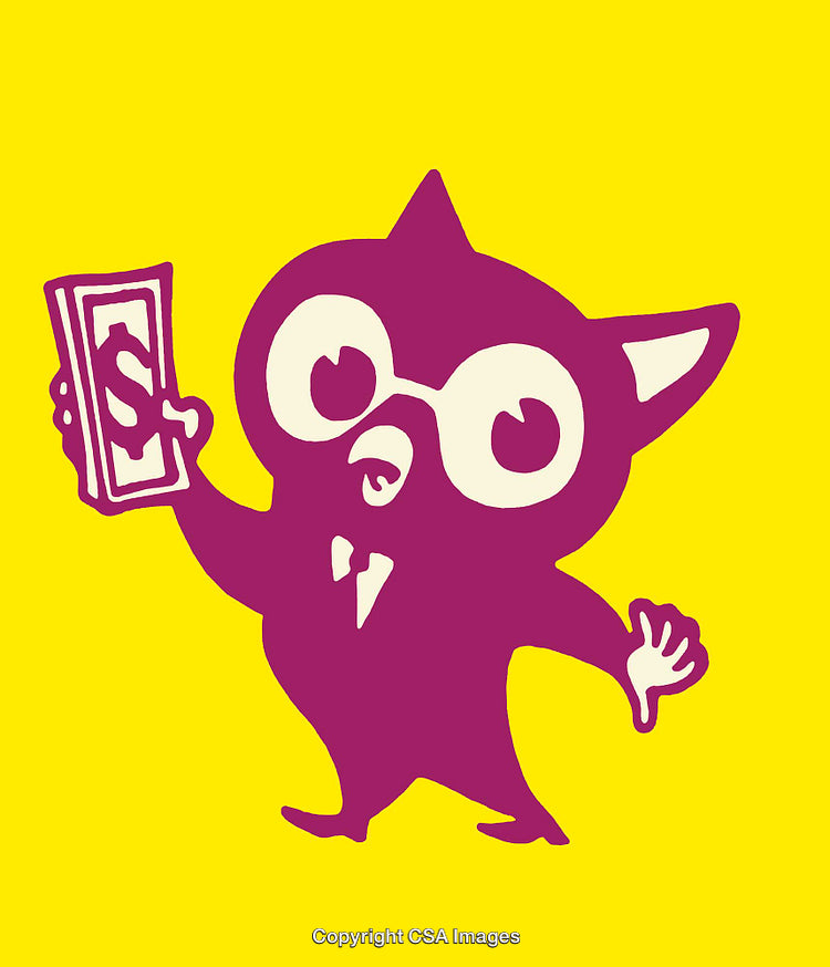 Colorful Illustration of a Cartoon Owl Holding Money in Hand