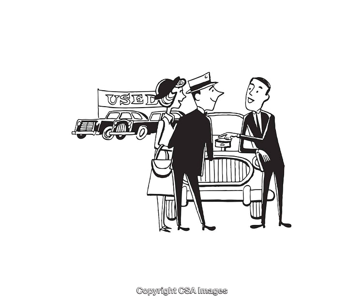 Retro Styled Black and White Illustration of a Car Dealership Interaction