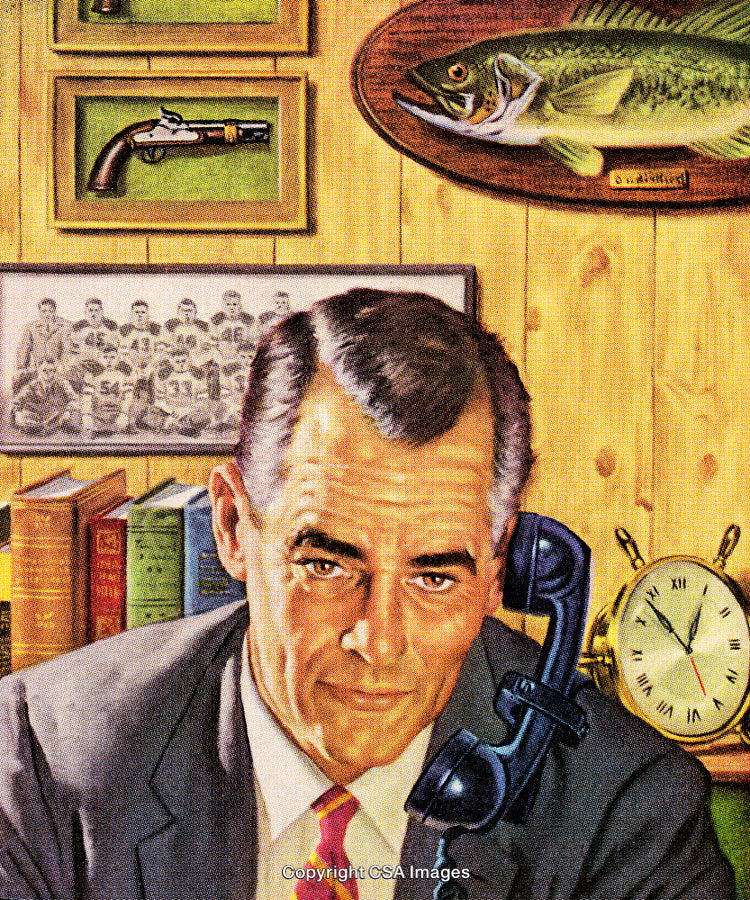 Vintage Illustration of a Man Talking on a Retro Telephone