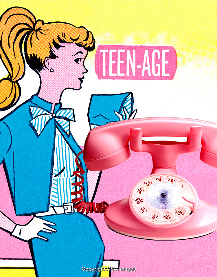 Retro Artwork Featuring a Teenage Girl with Pink Rotary Phone Companion