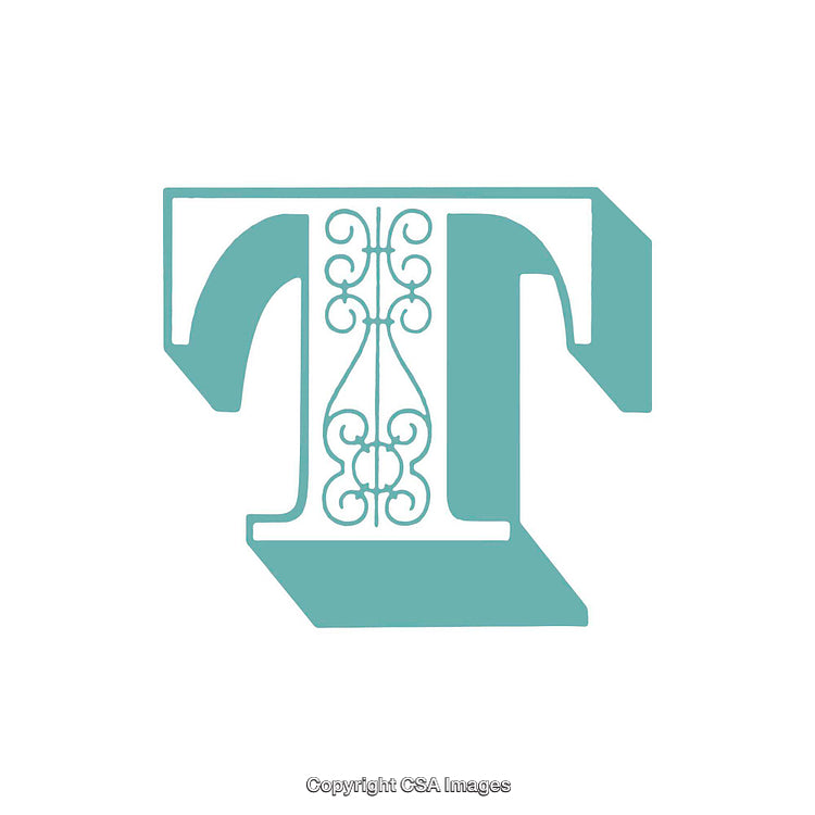 Ornate Letter T Design with Decorative Patterns in Light Blue