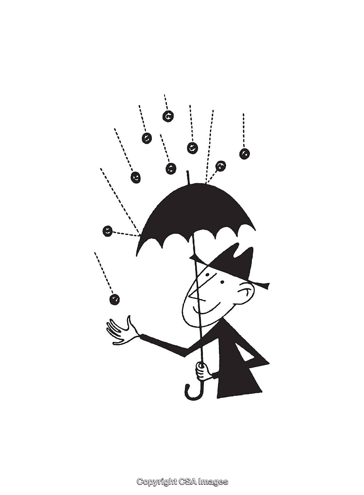 Black and White Cartoon of a Man Shielding Raindrops with an Umbrella