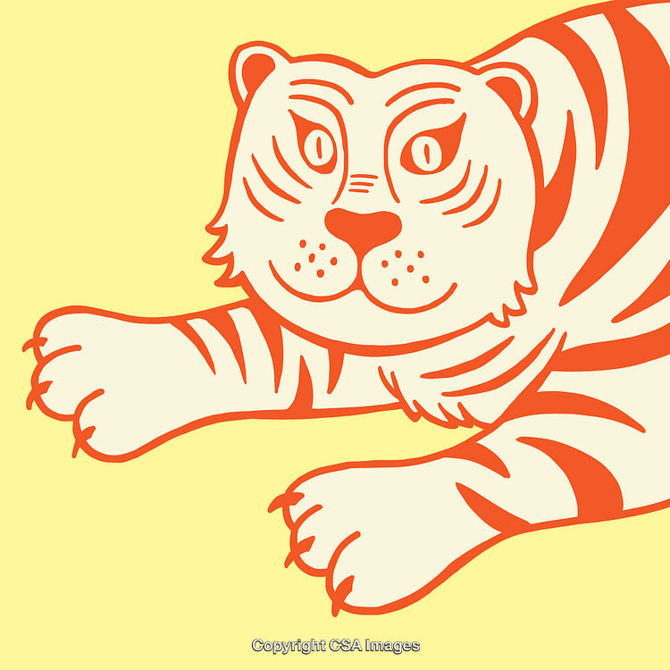 Colorful Line Art Illustration of a Playful Tiger on a Yellow Background
