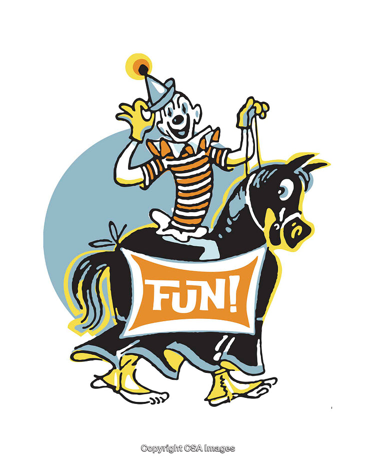 Whimsical Illustration of a Happy Clown Riding a Playful Toy Horse