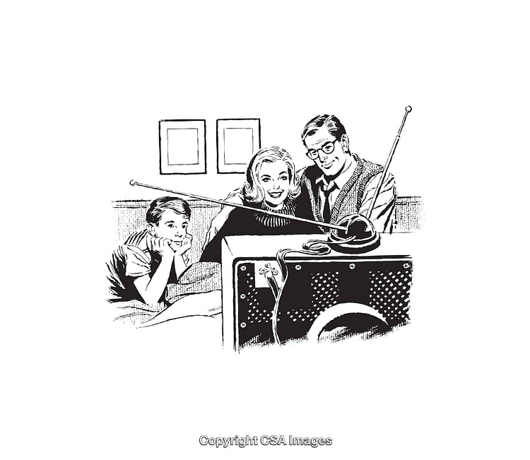 Vintage Family Watching Television in Black and White Line Art Illustration