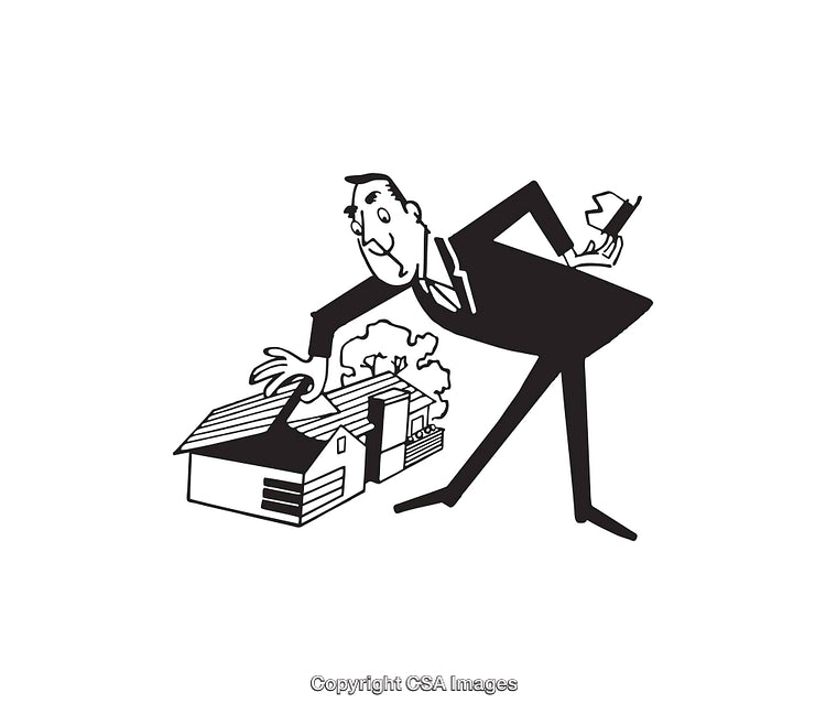 Black and White Illustration of a Man Inspecting a Small House Concept