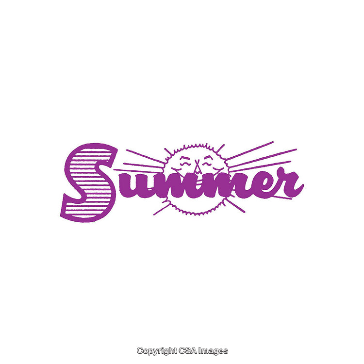Creative Purple Summer Logo with Radiant Sun Illustration and Decorative Text