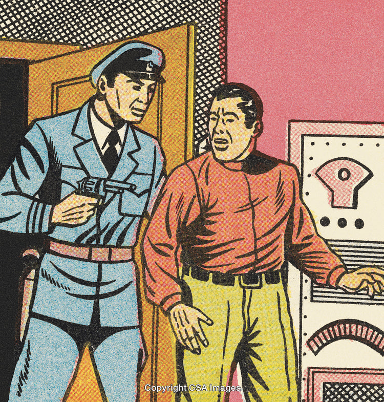 Vintage Comic Art Depicting a Suspenseful Scene with Detective and Civilian