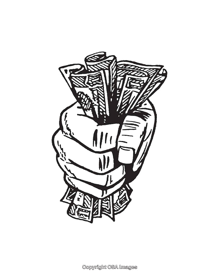 Black And White Illustration of Hand Holding Stacks of Currency Notes Firmly