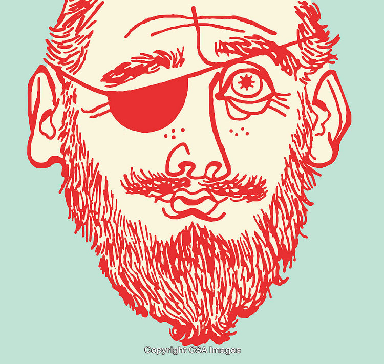 Vibrant Red Line Art Illustration of a Bearded Pirate with an Eyepatch