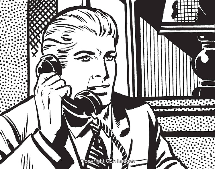 Retro Style Businessman Using Rotary Phone in Office Setting