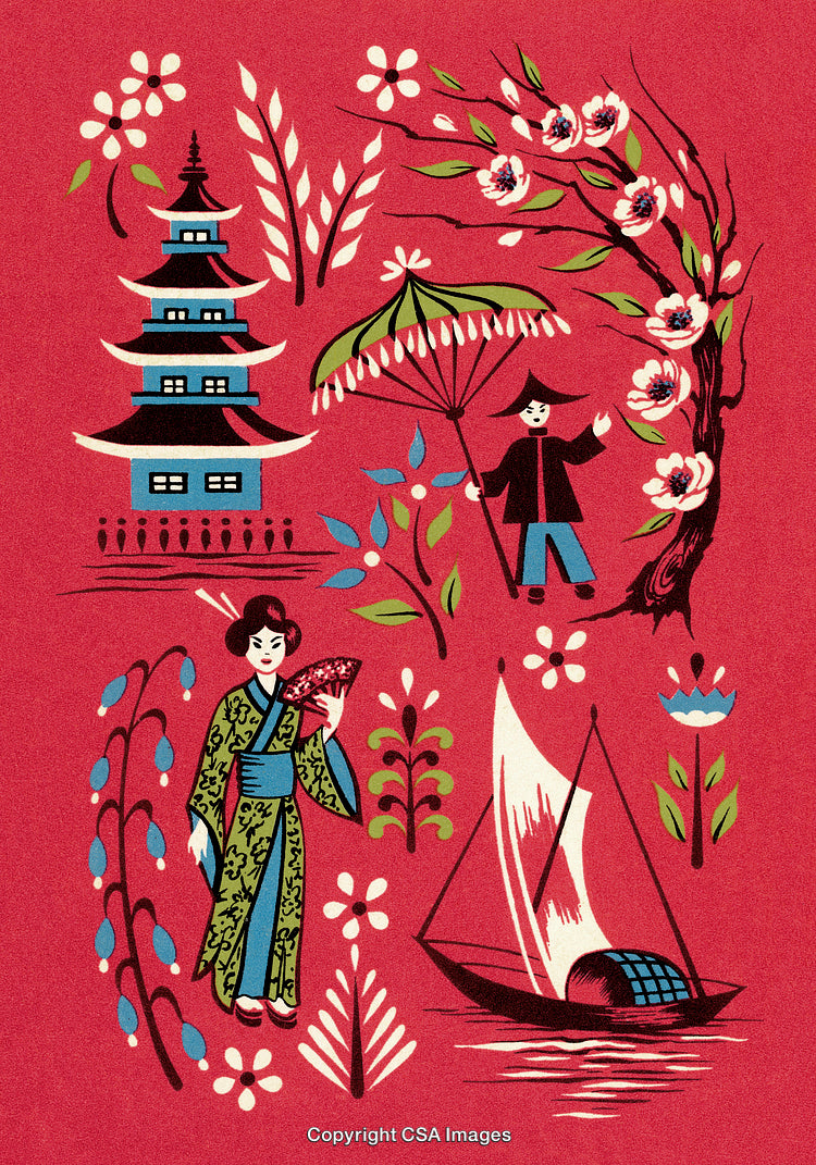 Traditional Japanese Art Style Pattern with Geisha, Pagoda, and Cherry Blossoms