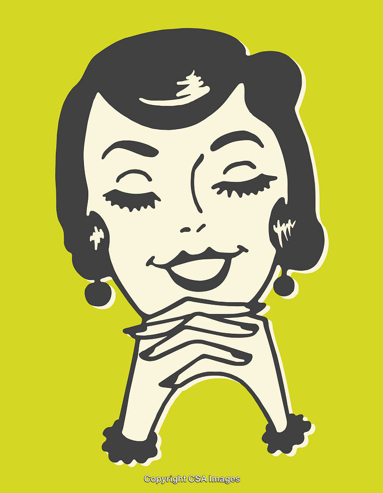 Retro Style Line Art Illustration of Smiling Woman in Yellow Background