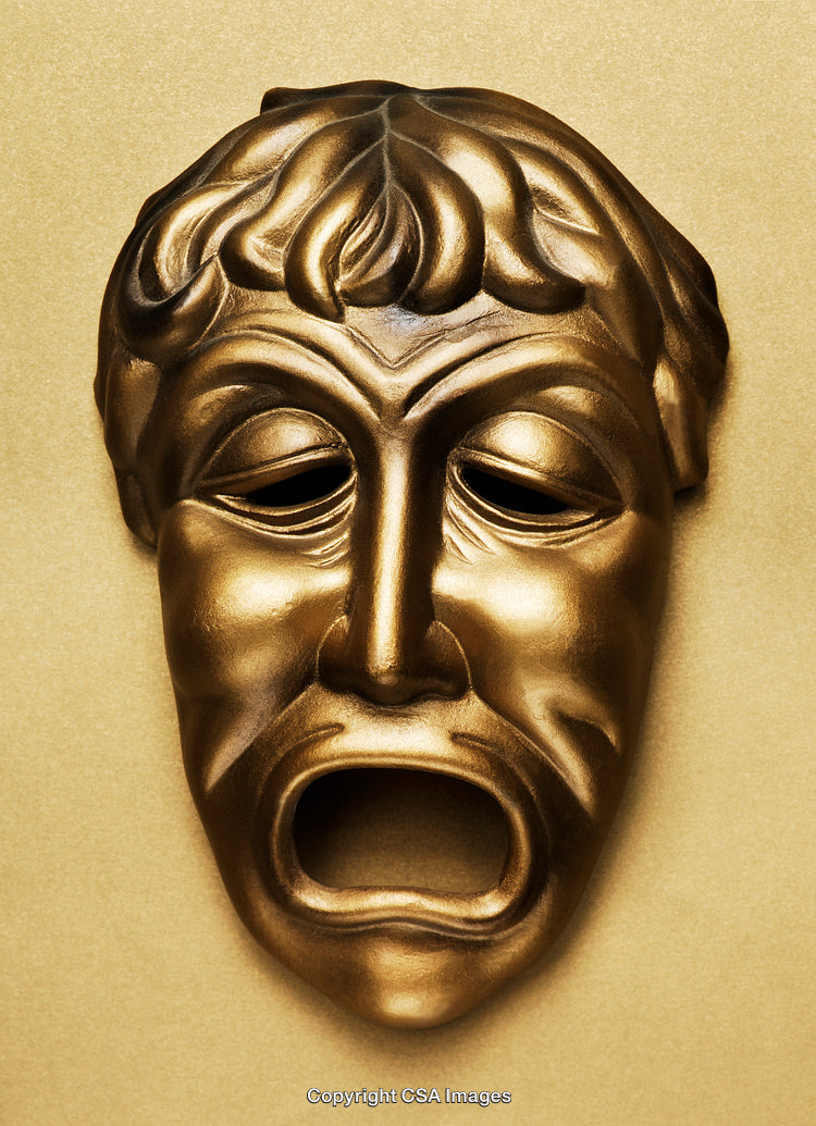 Golden Theatrical Mask Depicting Dramatic Emotion on Elegant Backdrop