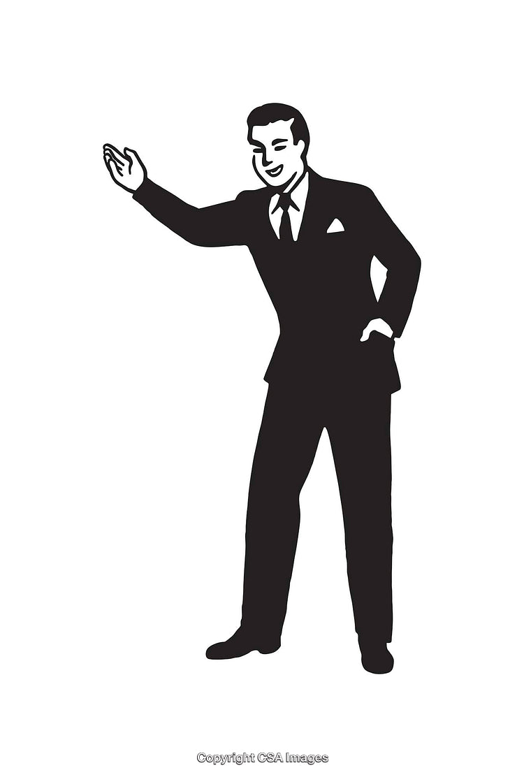 Retro Silhouette of a Man Gesturing in Black and White Line Art