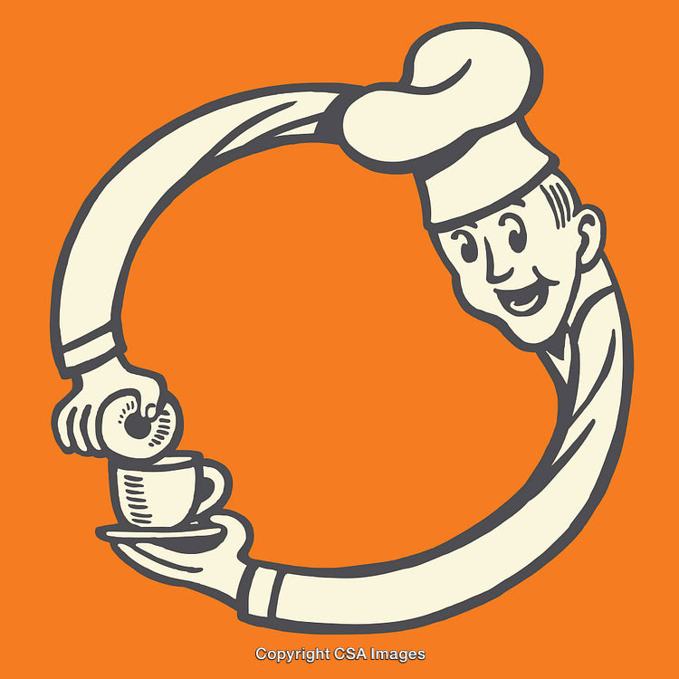 Illustration of a Cheerful Chef Serving Coffee with a Donut