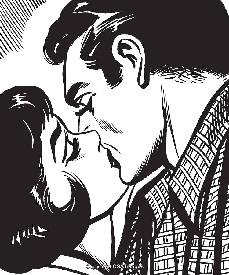 Romantic Retro Style Illustration Depicting a Lover’s Tender Kiss in Black and White