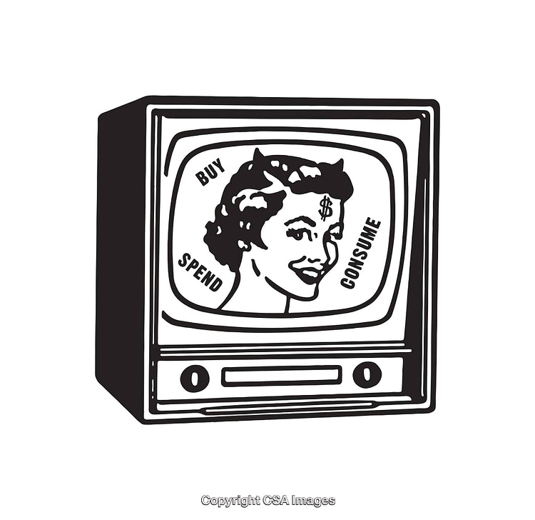 Black-and-White Retro Illustration Depicting Consumerism and Media Influence
