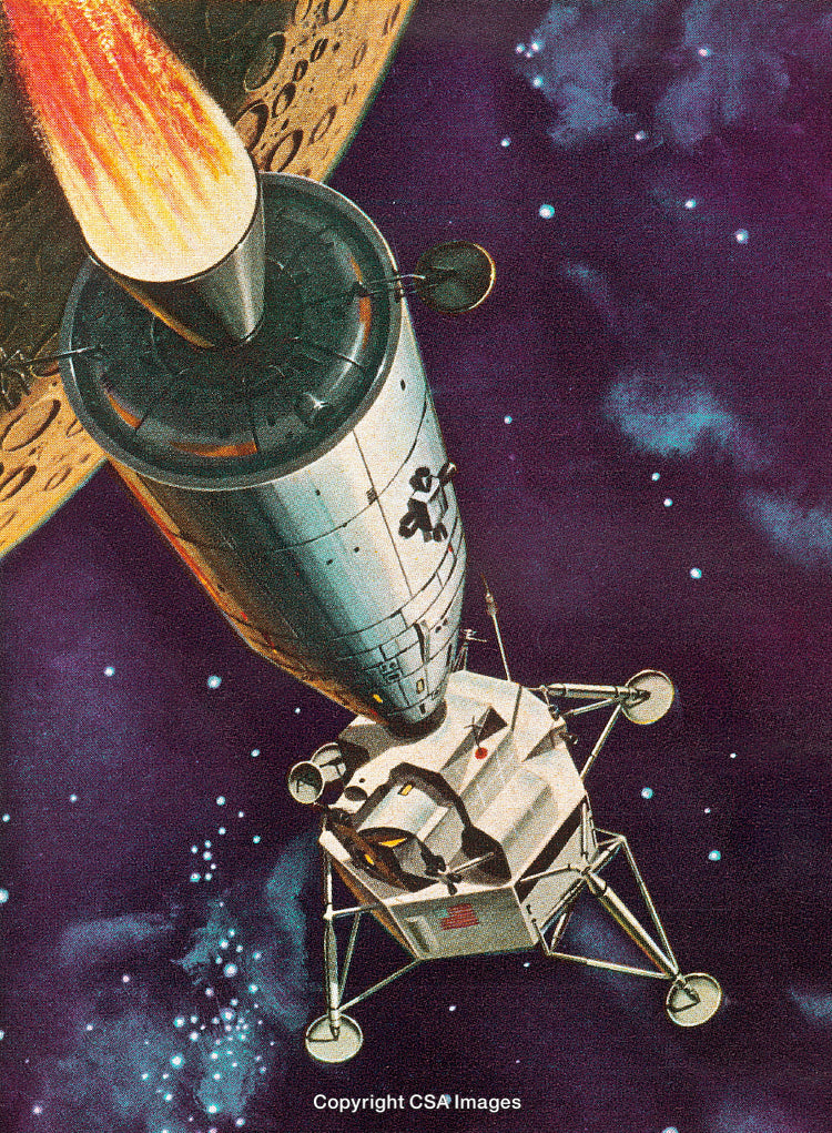 Artistic Depiction of a Lunar Module Docked with a Rocket in Deep Space