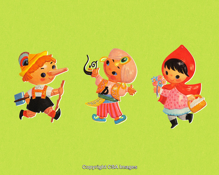 Charming Illustration Featuring Iconic Fairy Tale Characters Against Green Background