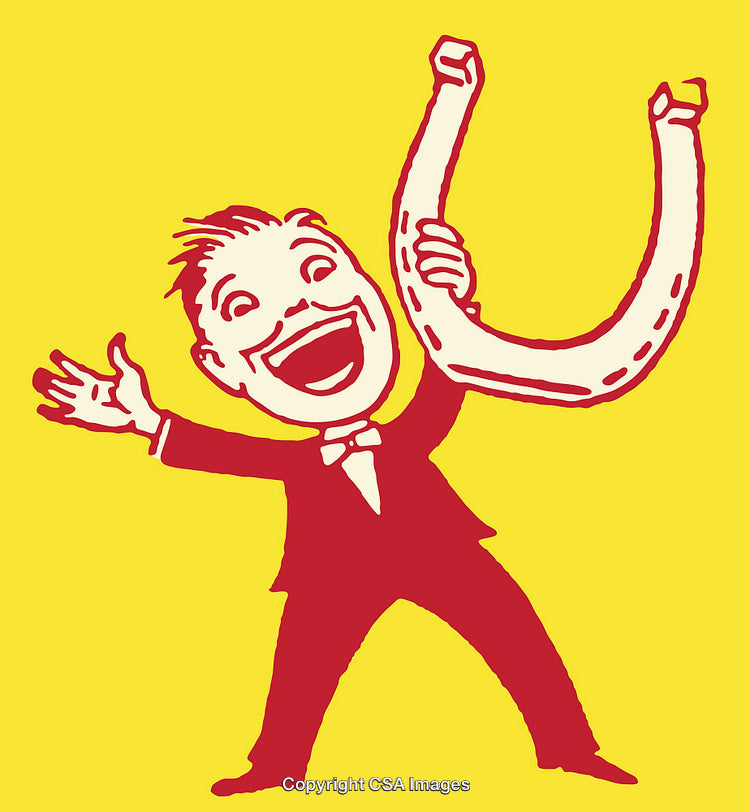 Retro Style Illustration of Cheerful Man Holding Horseshoe on Yellow Background