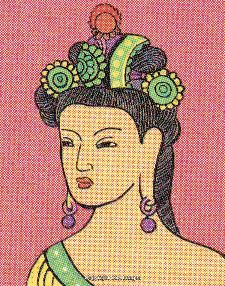Artistic Illustration of Woman With Traditional Ornamented Hair and Earrings