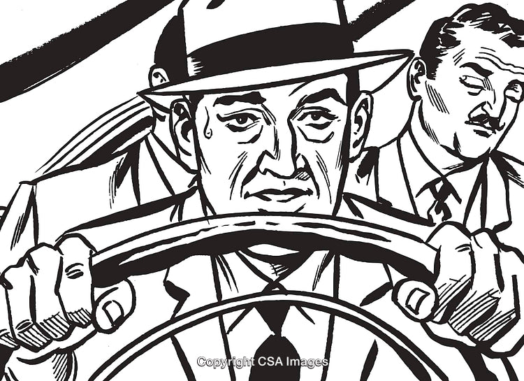 Retro Style Illustration of Men Driving a Car in Expressive Detail
