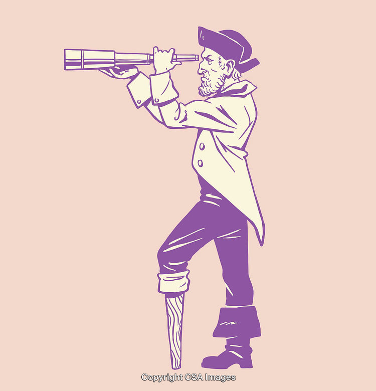 Vintage Pirate Captain with Peg Leg Using a Spyglass Illustration