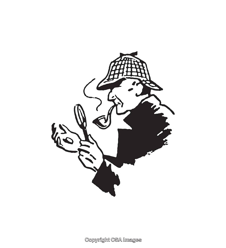 Black and White Illustration of a Detective Inspecting Using a Magnifying Glass