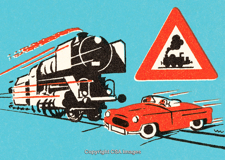 Illustration of Train and Car at Railway Crossing with Warning Sign