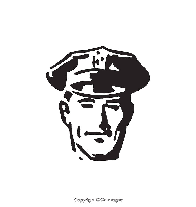 Vintage Black and White Line Art Illustration of a Policeman's Face