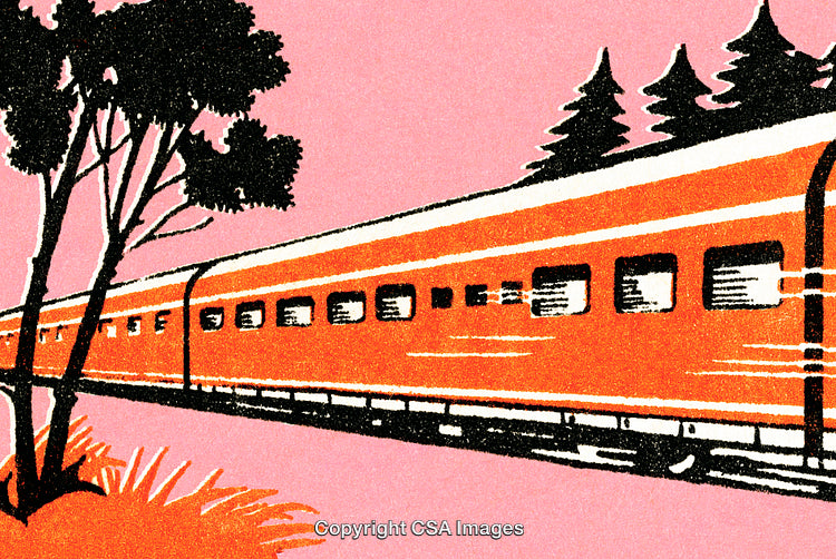 Illustrated Train Passing Through Scenic Landscape with Pink Sky