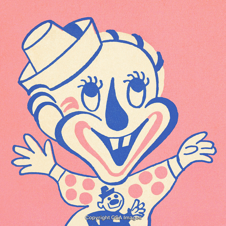Retro Cartoon Clown Illustration with Playful Expression on a Pink Background