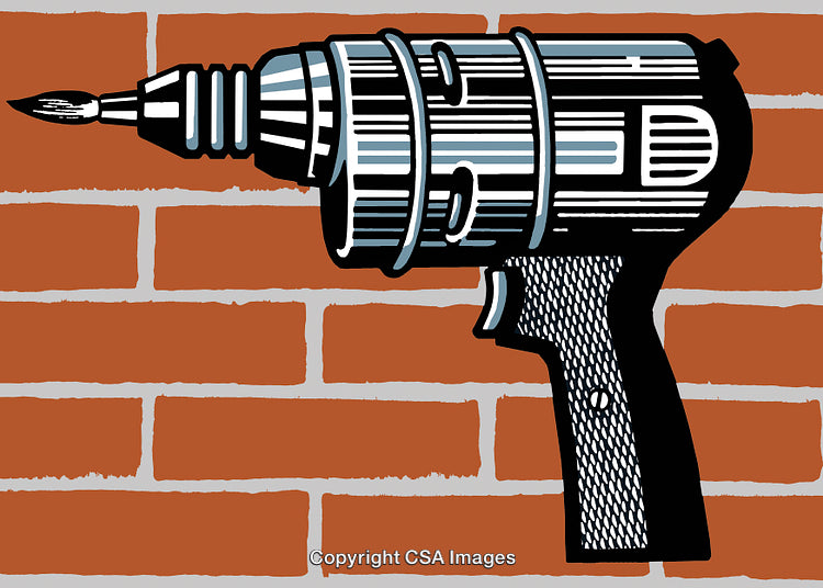 Illustration of an Artistic Drill With a Paintbrush Tip on Brick Wall