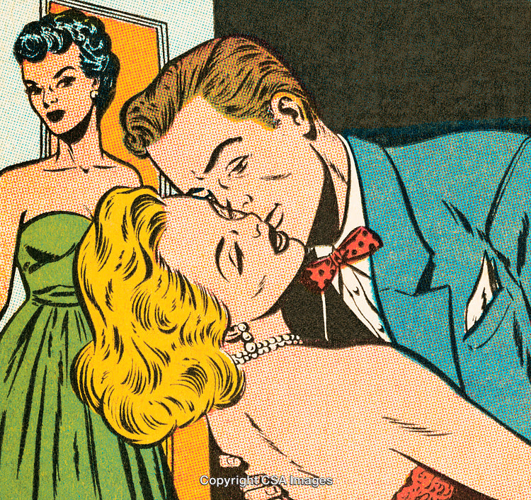 Colorful Comic Style Illustration Depicting Romantic Drama in Classic Vintage Art
