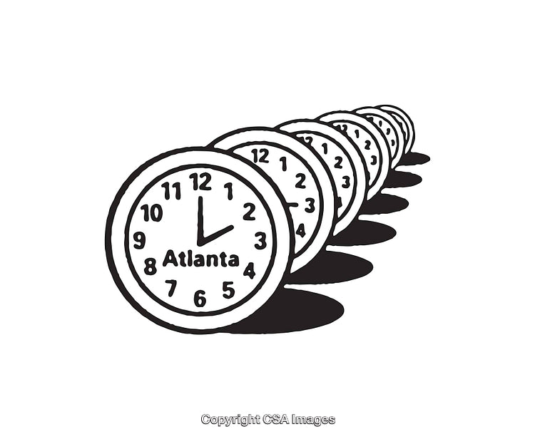 Black and White Illustration of Repeated Clocks with Atlanta Time Displayed