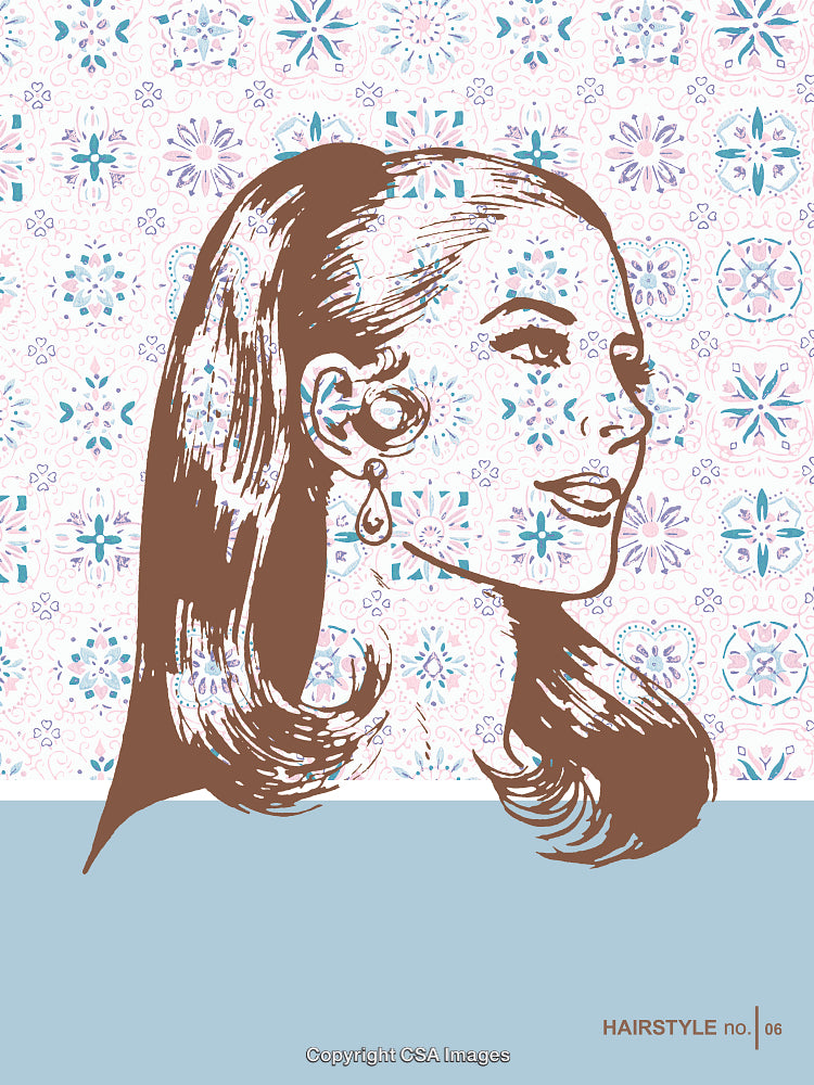 Retro Style Illustration of Woman with Feminine Hairstyle and Floral Background