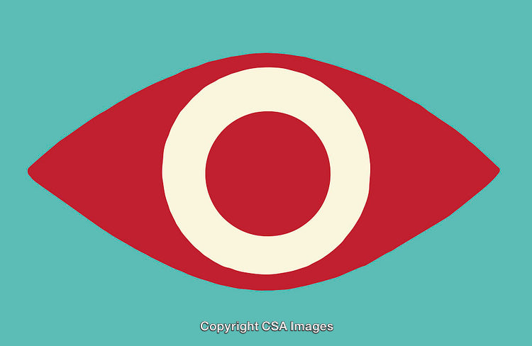 Minimalist Illustration of an Eye in Red and White on Blue Background