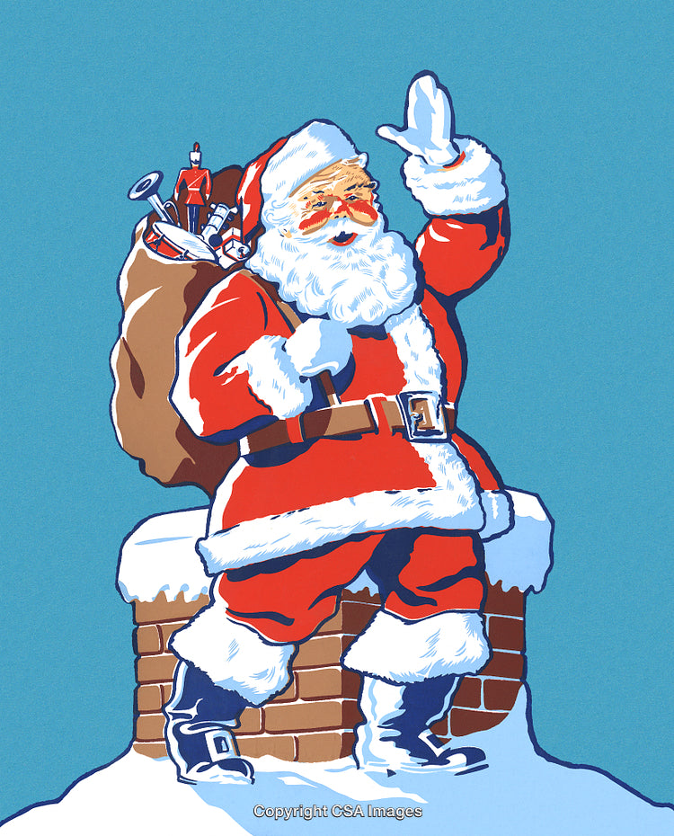 Santa Claus Waving with Full Sack of Toys on Snowy Chimney