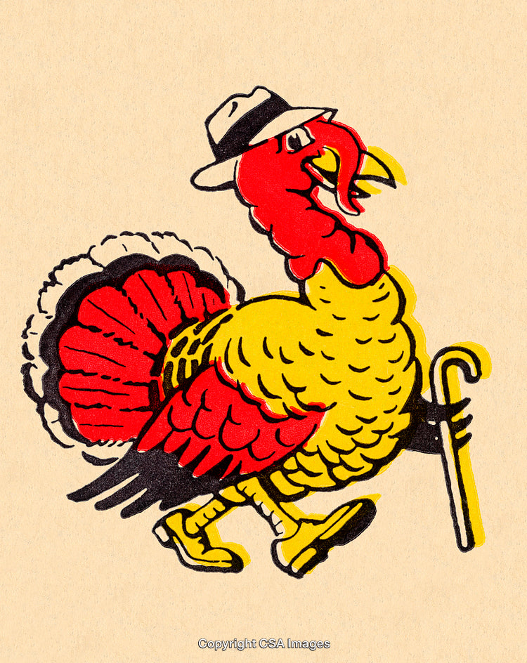 Stylized Illustration of a Turkey Wearing a Hat and Carrying a Walking Cane